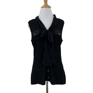 White House Black Market Blouse Womens M Medium Black Pussycat Bow Button Front